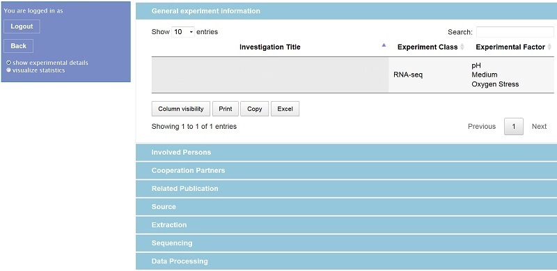 Web interface showing metadata of an experiment
